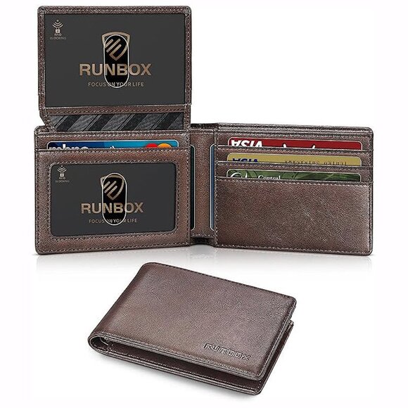 Wallet for Men Slim Rfid Leather 2 ID Window With Gift Box Classic coffee